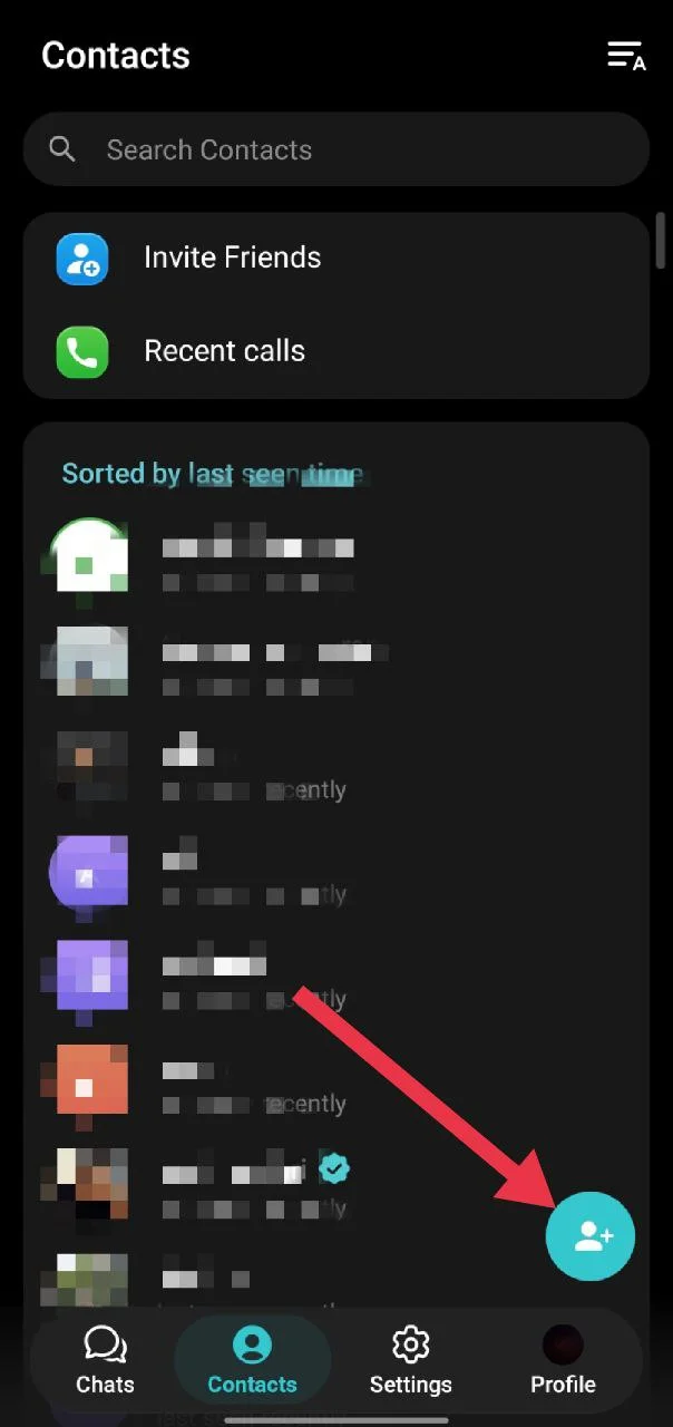 Select Contacts and tap the add contact button at the bottom right corner in Telegram app