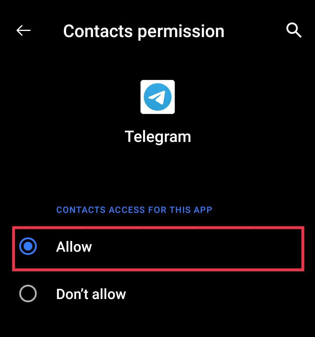 Telegram app Allow access to contacts permission enabled in Android settings