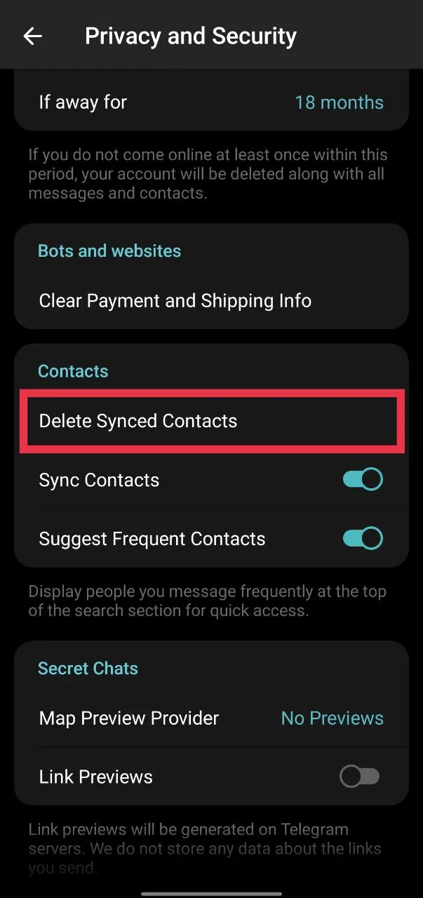 Delete Synced Contacts option in Telegram Privacy and Security settings