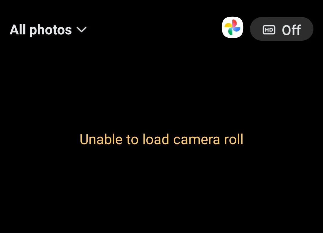 Screenshot showing Unable to Load Camera Roll error message on Facebook Messenger app screen