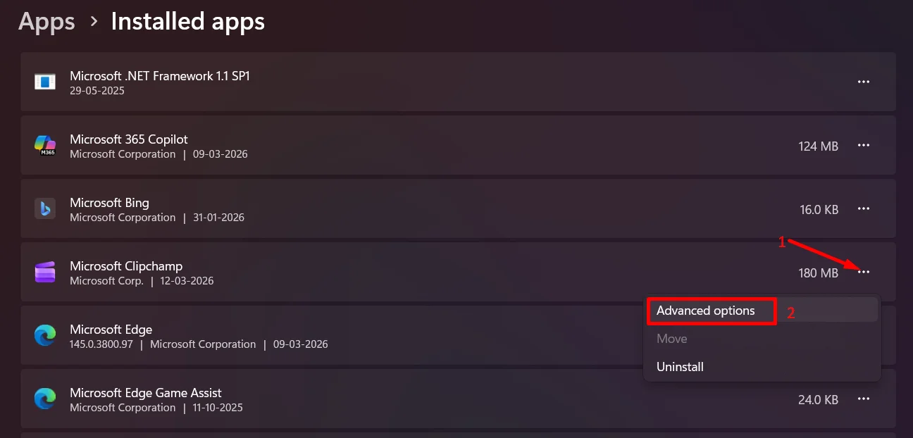 Click the three dots next to Clipchamp and select Advanced options in Windows