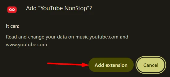 Confirmation popup asking to add the YouTube NonStop browser extension