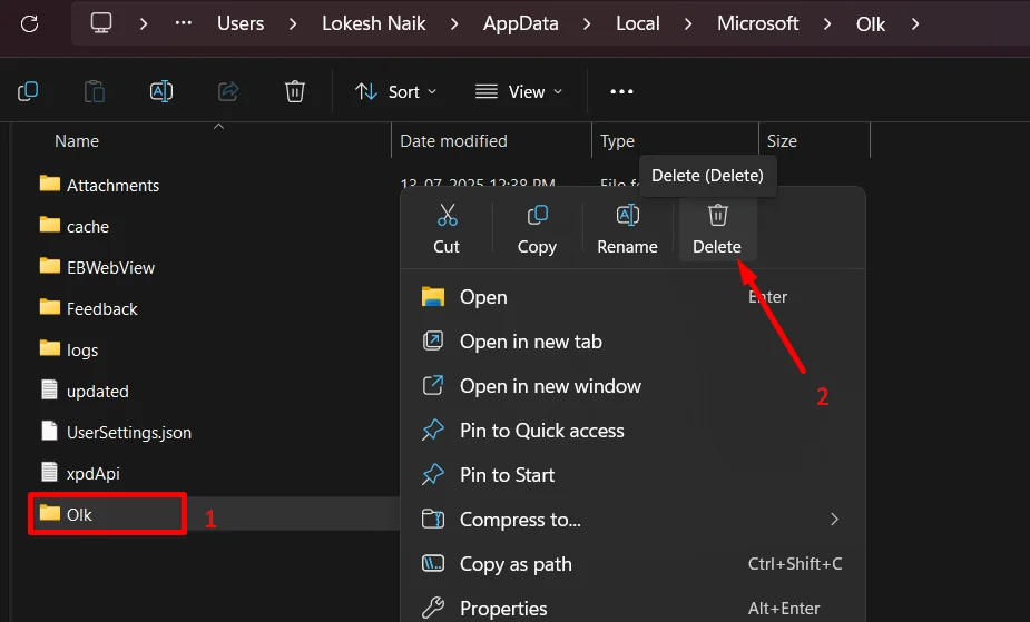 Delete Olk folder to clear Outlook cache