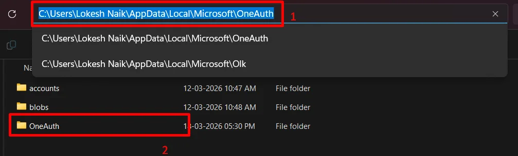 Open OneAuth folder in File Explorer and delete it to reset Outlook sign in