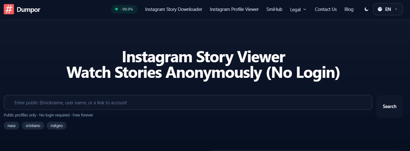 Search Instagram profiles, hashtags, and locations and download content using Dumpor