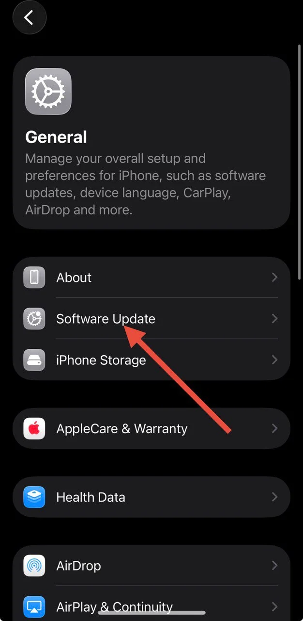 Open iPhone Settings then go to General and Software Update to install the latest iOS version