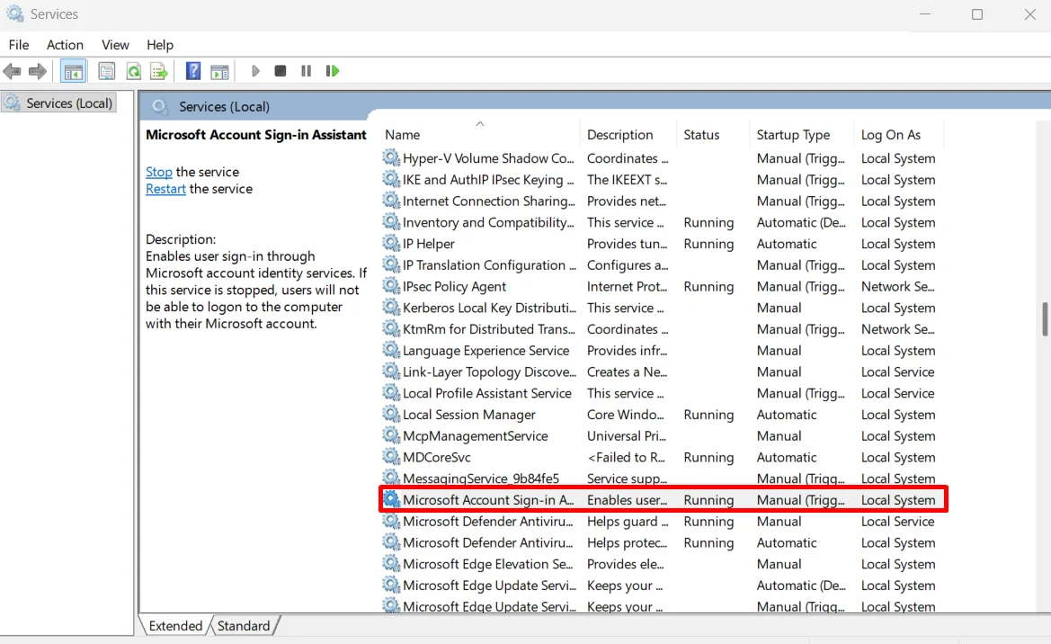 Open Services and double click Microsoft Sign In Assistant