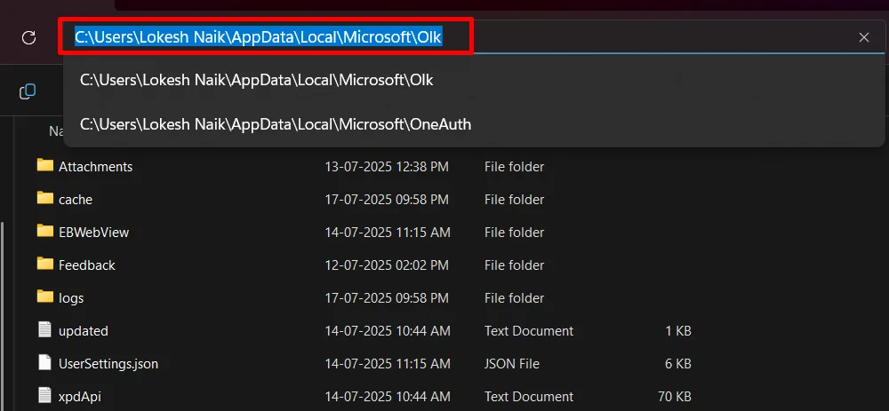 Open Olk folder in File Explorer using local app data path