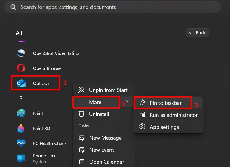 Search Outlook in Start menu and pin it to taskbar again