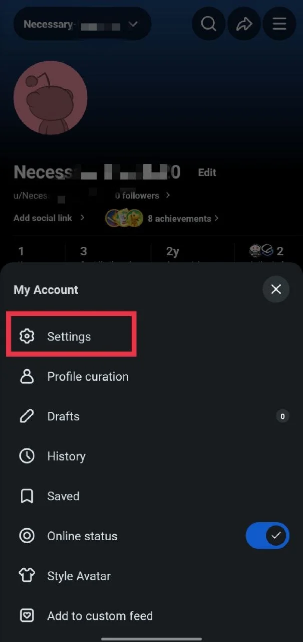 Open Settings option in Reddit app menu