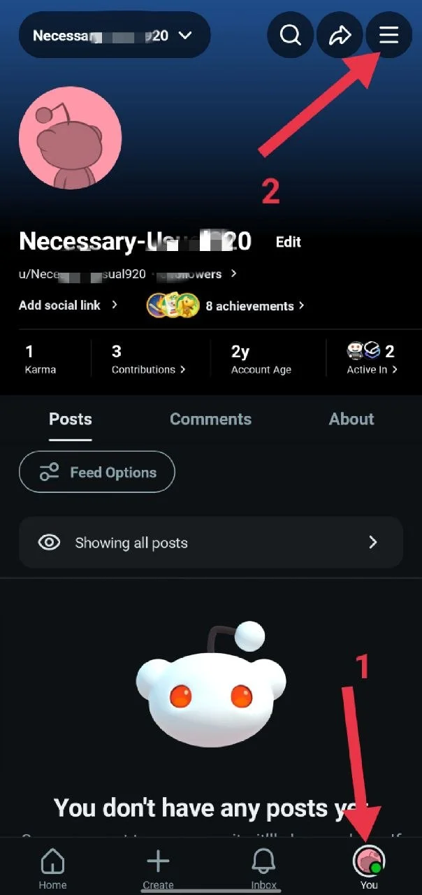 Tap the You option at the bottom right corner then tap the three line menu at the top right corner in Reddit app
