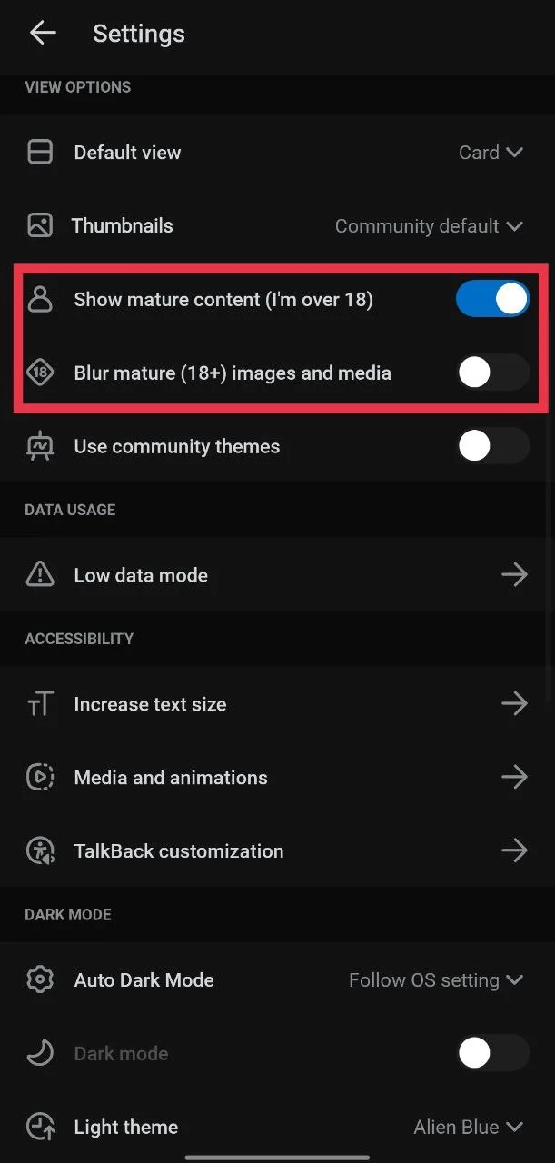 Turn on show mature content and turn off blur mature images option in Reddit app settings