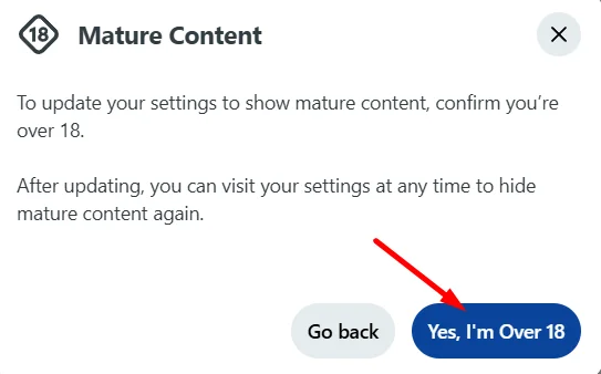 Click Yes I am over 18 to confirm and view NSFW content on Reddit website