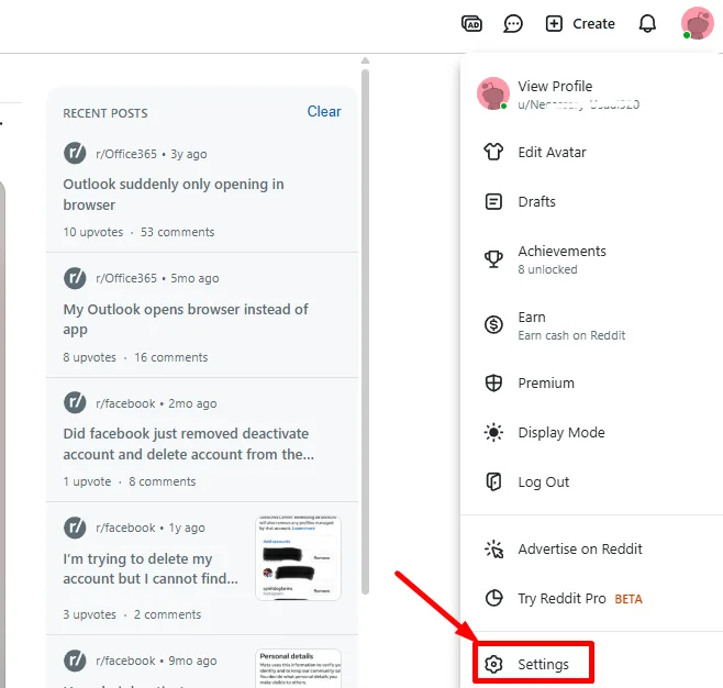 Select Settings from Reddit website profile menu
