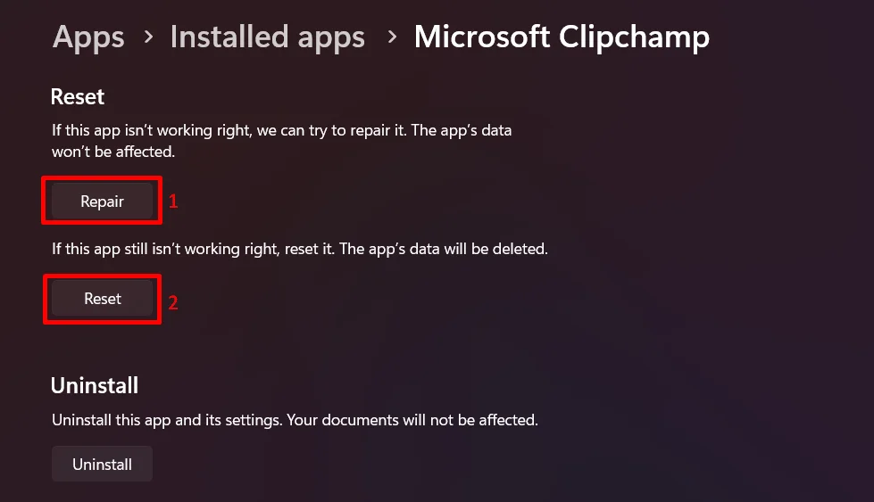 Click Repair for Clipchamp app and use Reset if the login loop continues