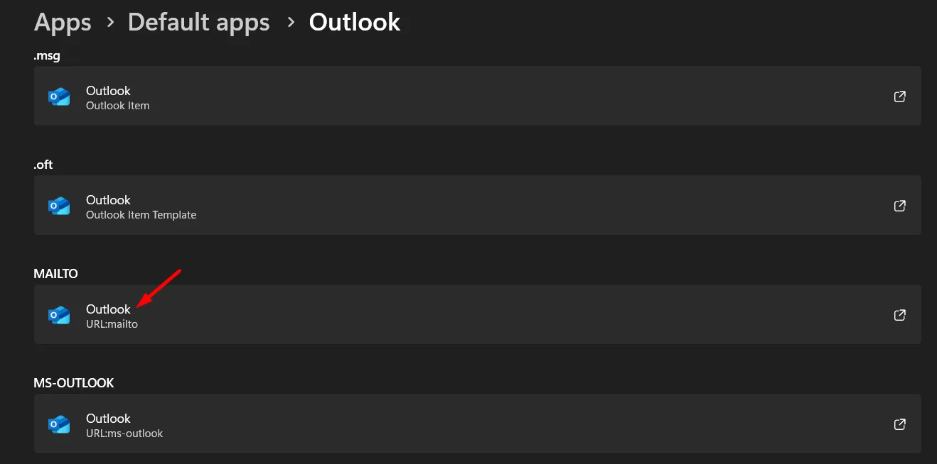 Go to Default apps select MAILTO and choose Outlook as default email app