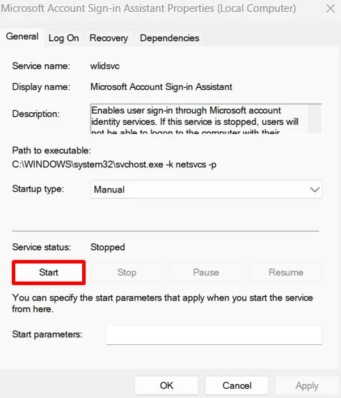Click Start under Service status for Microsoft Sign In Assistant in Windows Services