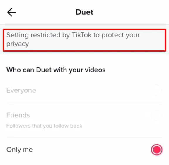 TikTok showing “Setting restricted by TikTok to protect your privacy” error message on screen