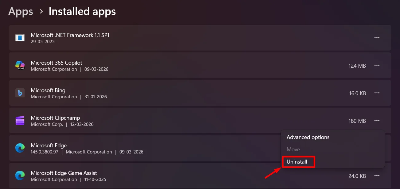 Click the three dots next to Clipchamp and choose Uninstall from Installed apps