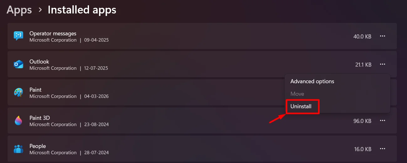 Open Windows settings apps section and uninstall Outlook