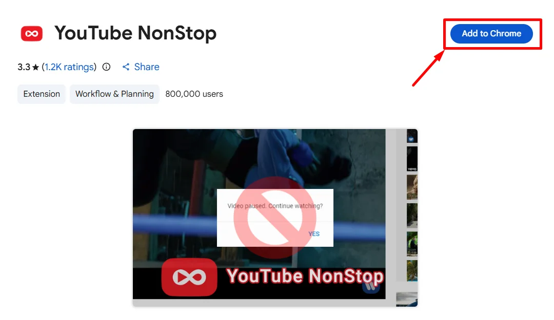 Add to Chrome button on the YouTube NonStop extension page in the Chrome Web Store
