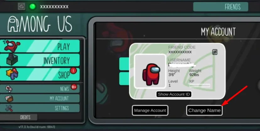 Change Name option in Among Us account settings