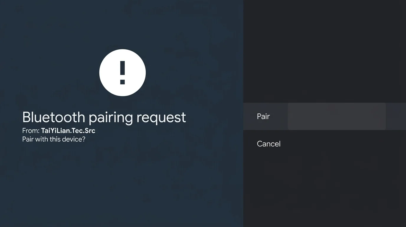 Bluetooth pairing request screen on Android TV showing pair and cancel options