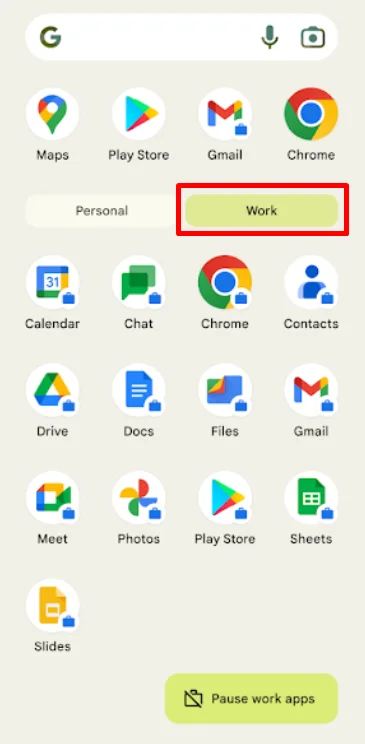 Work Profile option on Android