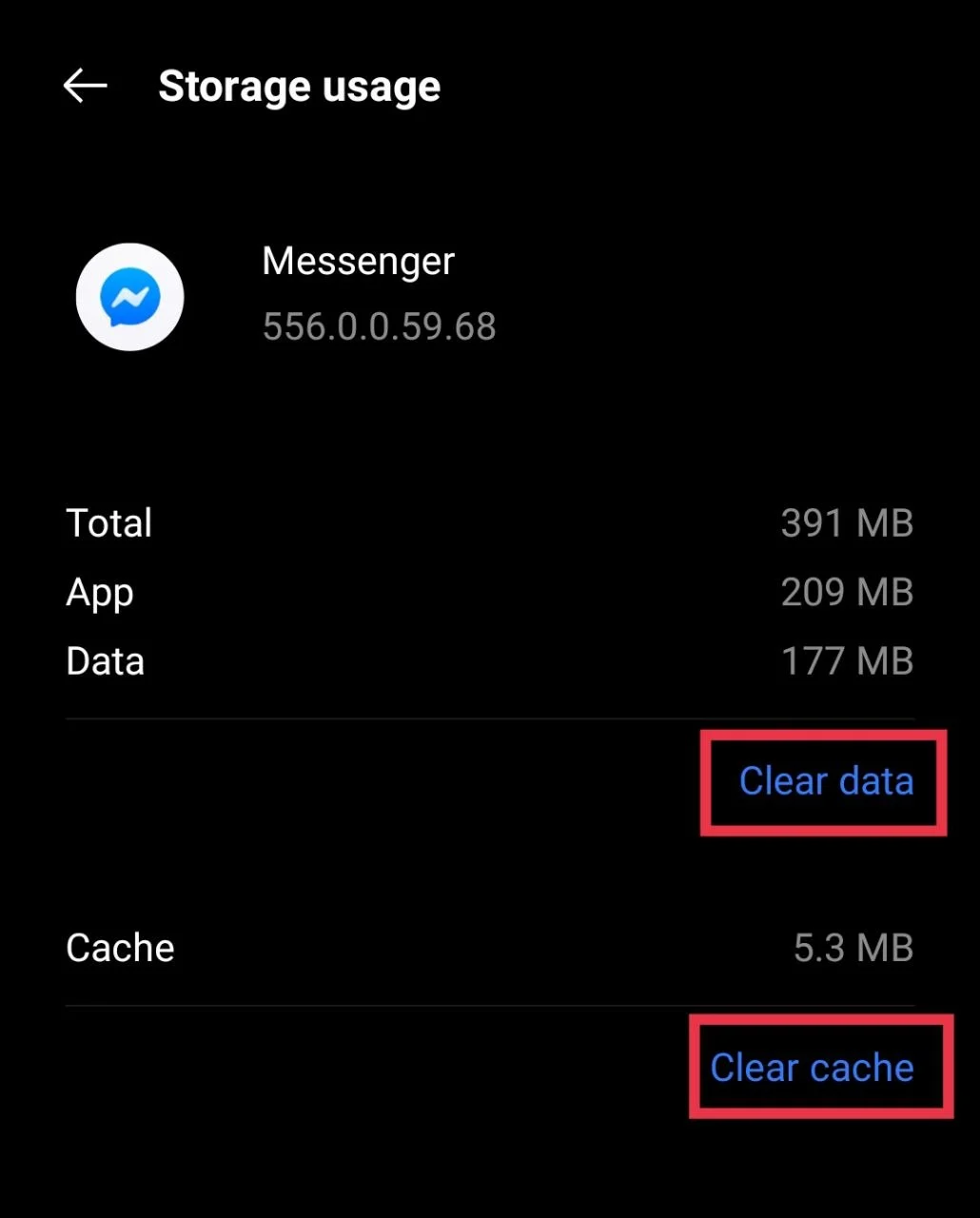 Clear Messenger app cache and data from Android storage settings