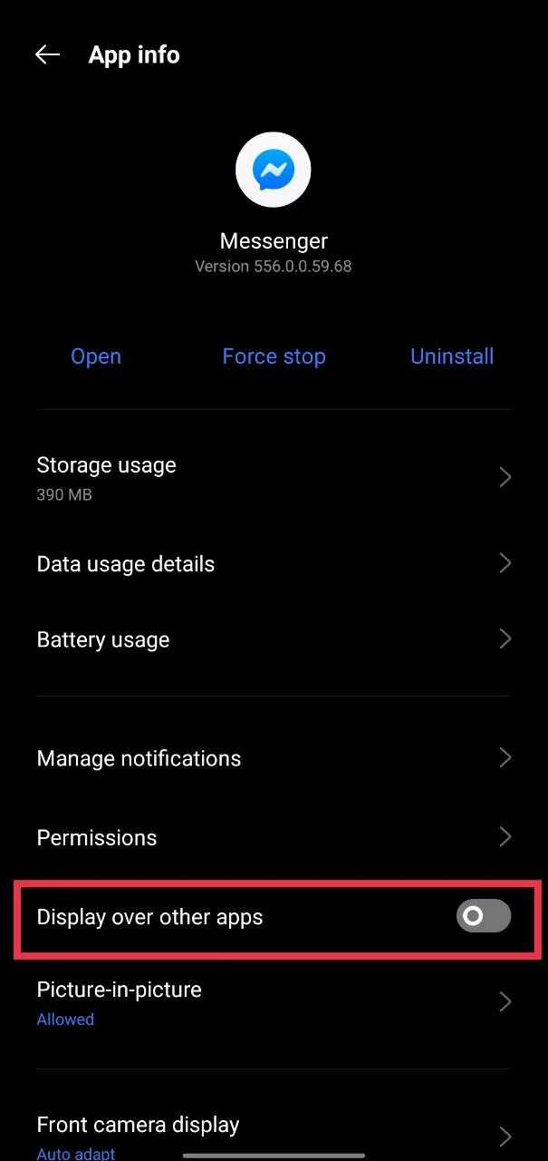 Turn off draw over other apps permission for Messenger in Android settings