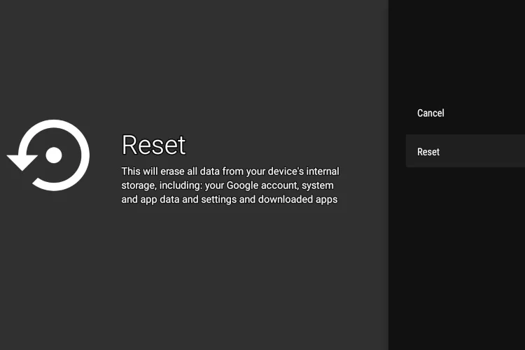Factory reset option in Android TV settings menu