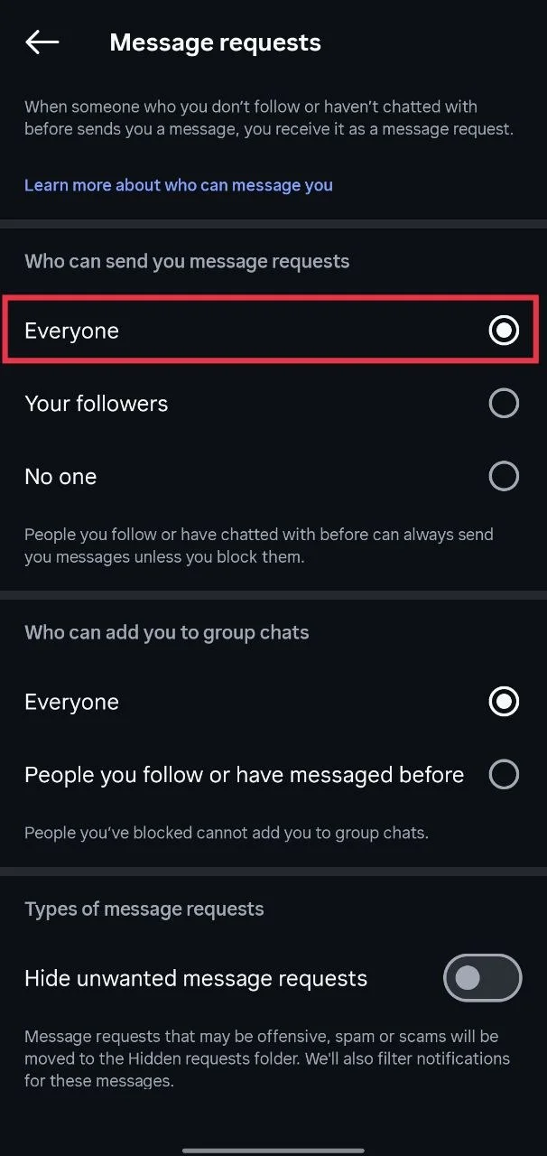 Set who can send you message requests to Everyone in Instagram message controls