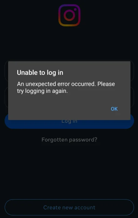 Instagram error message "Unable to login. An unexpected error occurred. Try logging in again" on mobile screen