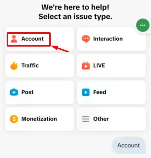 Select Account option in TikTok support chat section