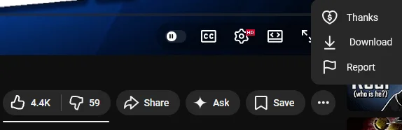 YouTube video interface showing clip button missing under video option