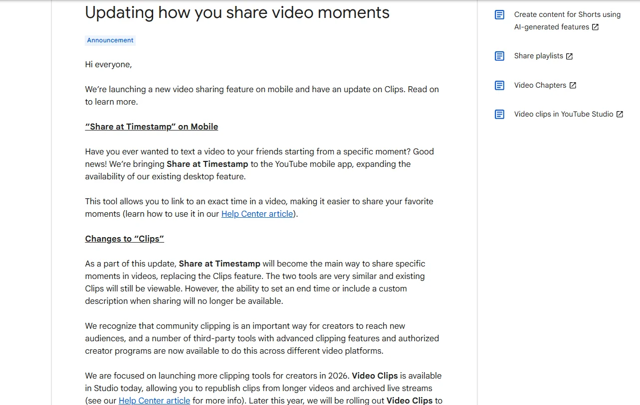 YouTube support forum announcement about clip feature removal and share at timestamp update