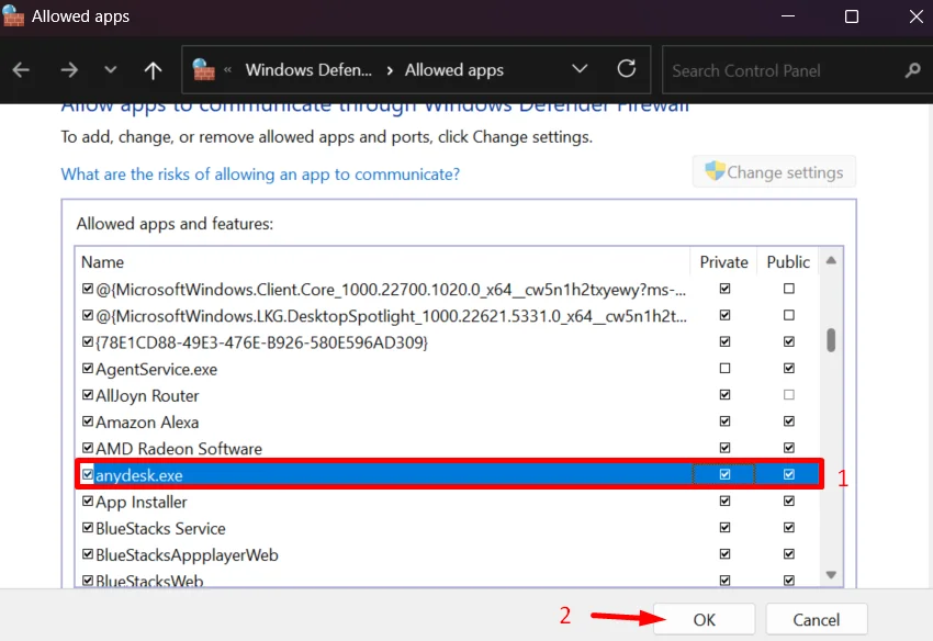 Windows Firewall settings showing AnyDesk allowed on both Private and Public networks