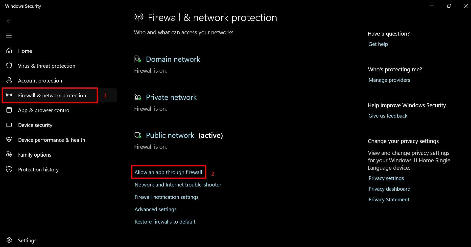 Windows Firewall and network protection settings page showing the “Allow an app through firewall” option selected under the Firewall & network protection section