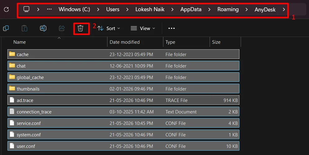 File Explorer opened to C:\Users<UserName>\AppData\Roaming\AnyDesk showing the AnyDesk folder ready to be deleted