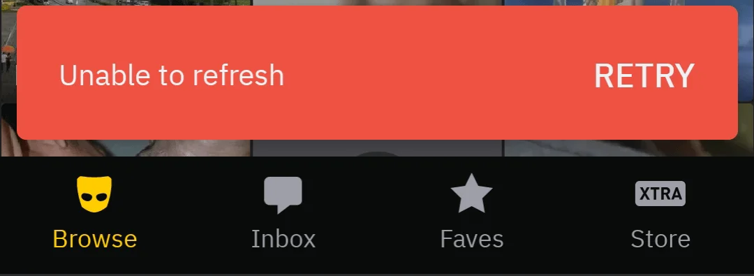 Grindr app showing “Unable to Refresh” error message on smartphone screen