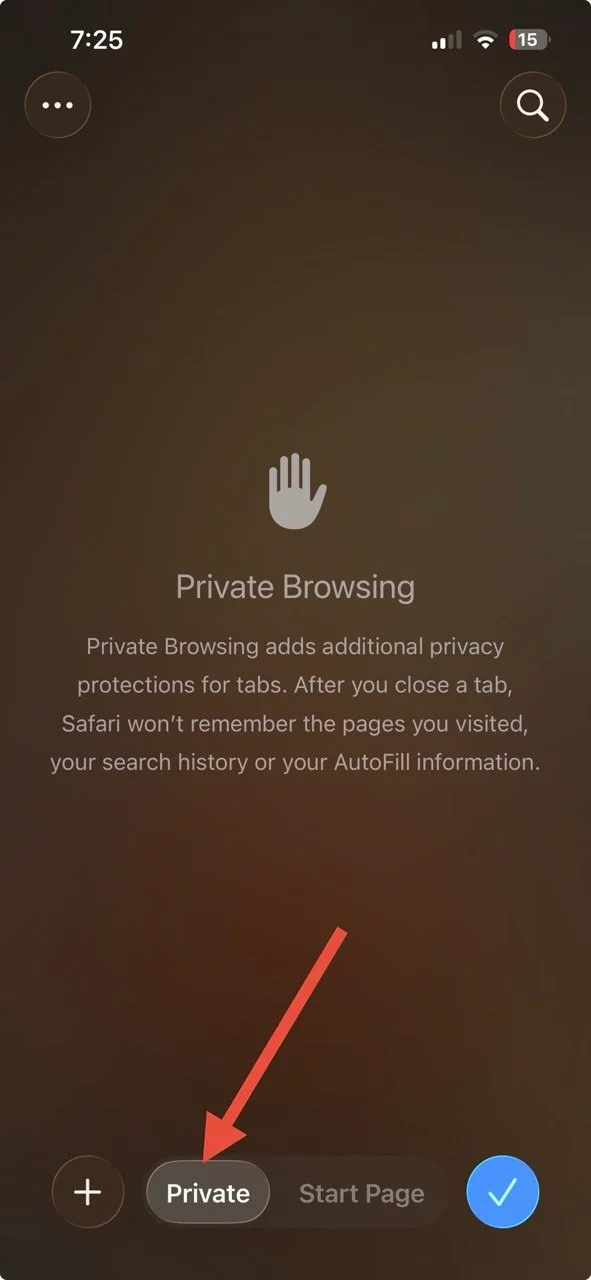 Safari browser on iPhone to open a Private browsing tab