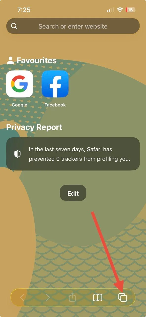 Safari browser on iPhone highlighting the tab button option