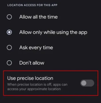Use Precise Location option turned off for Grindr on Android