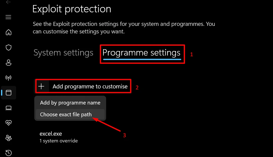 Adding RobloxPlayerBeta.exe through the Program Settings tab in Windows Exploit Protection