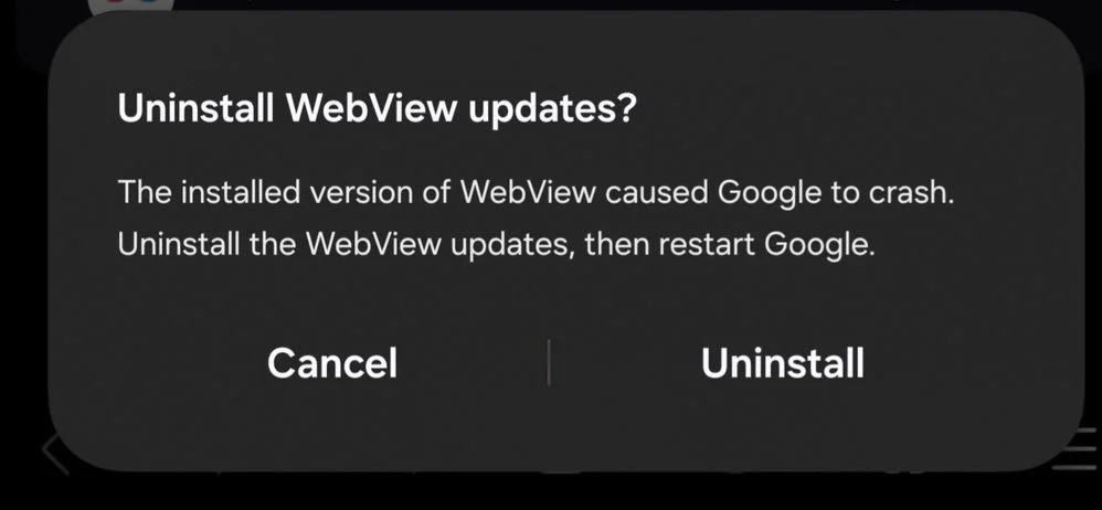 Uninstall Updates option for Android System WebView in Android app settings