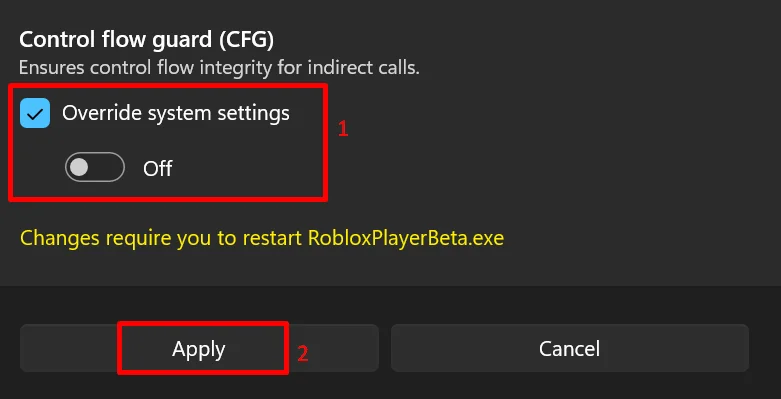 Control Flow Guard override setting disabled for Roblox in Windows Exploit Protection