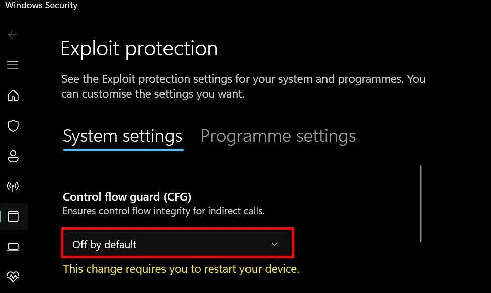 Control Flow Guard (CFG) set to Off in Windows Exploit Protection settings