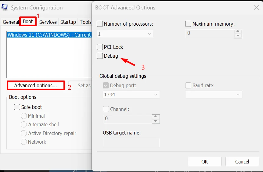 System Configuration window showing the Boot tab and Advanced Options dialog with the Debug checkbox unchecked after opening msconfig from the Run dialog