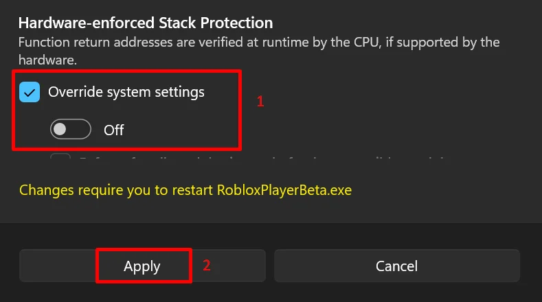 Hardware Enforced Stack Protection override setting turned Off for Roblox in Windows Exploit Protection