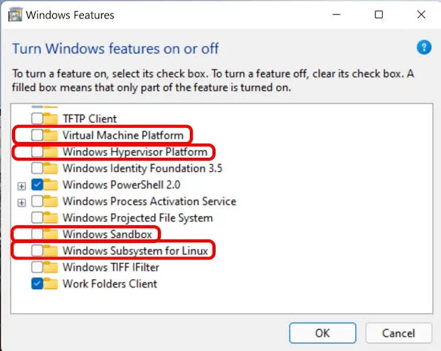 Windows Features window with Hyper V, Virtual Machine Platform, Windows Hypervisor Platform, and Windows Sandbox unchecked